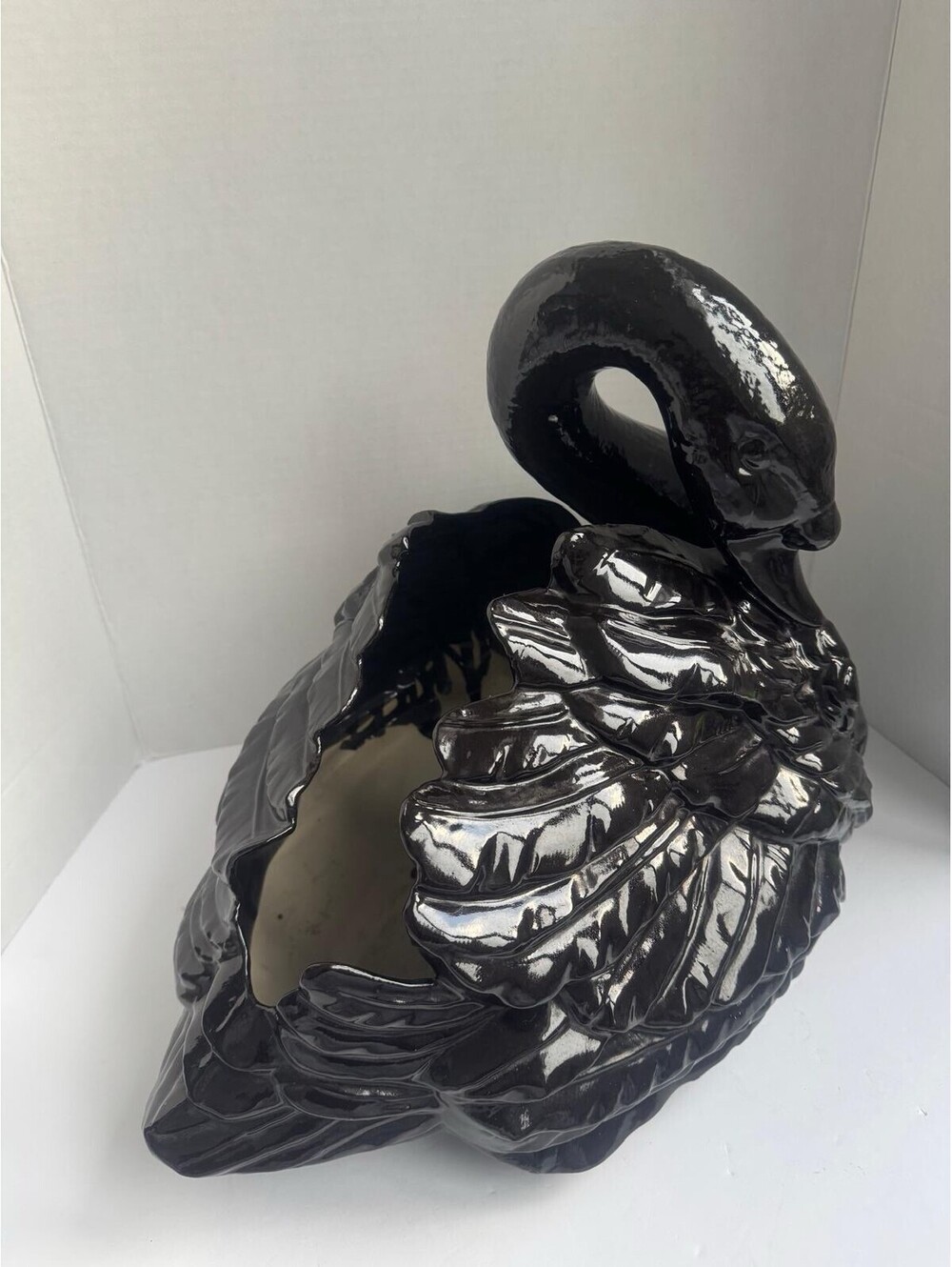Vintage Mid‑Century Black Ceramic Swan Planter